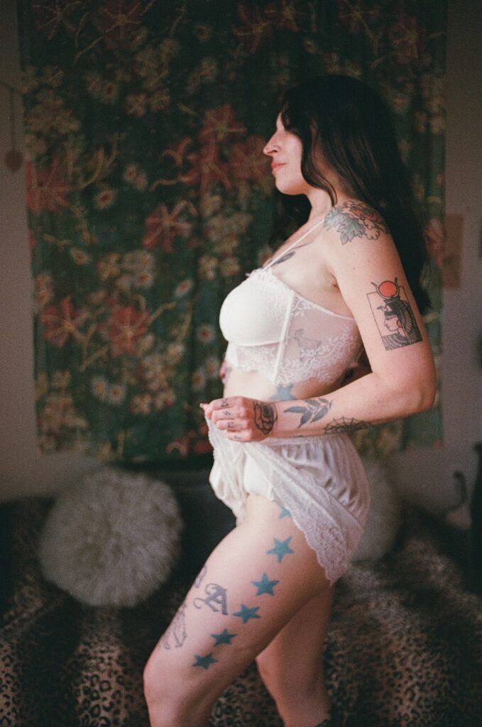 Wearing a white dress