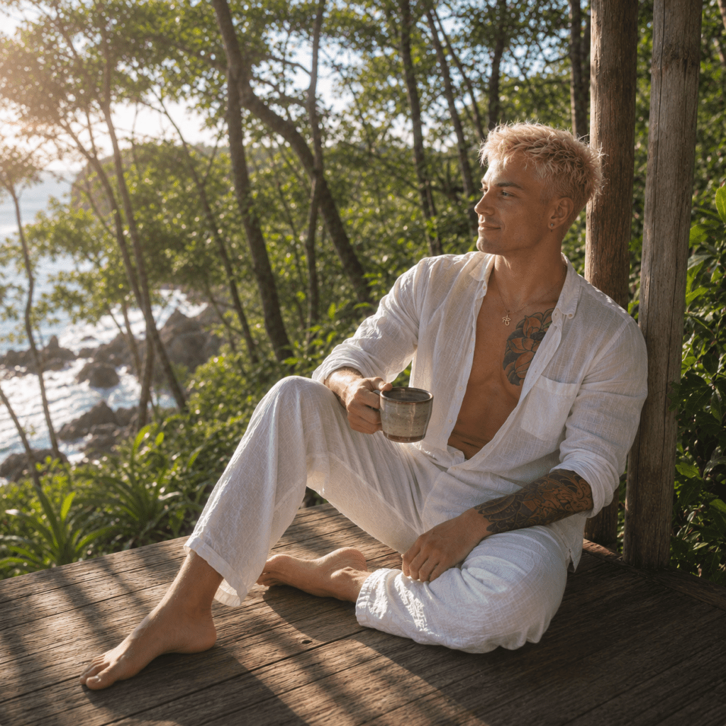 Syd in white sitting on a balcony with a lush forest in the back.