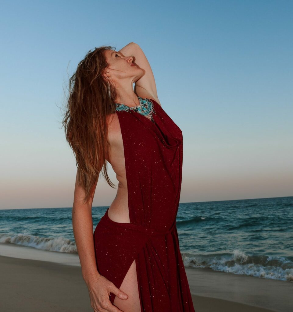 Taymar in a red dress