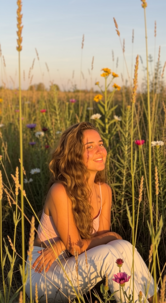 War smile, flowery meadow. Shakti Devi bathing in sunlight.