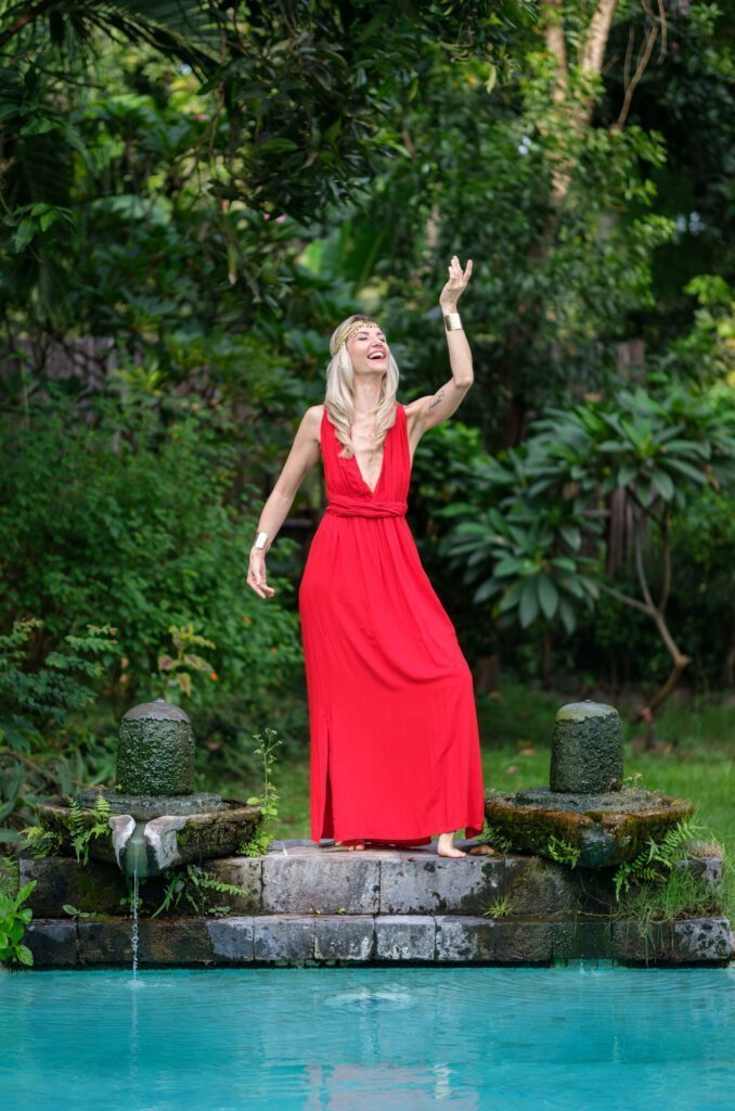Nathalia in a red dress