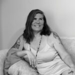 A black and white image of Justine
