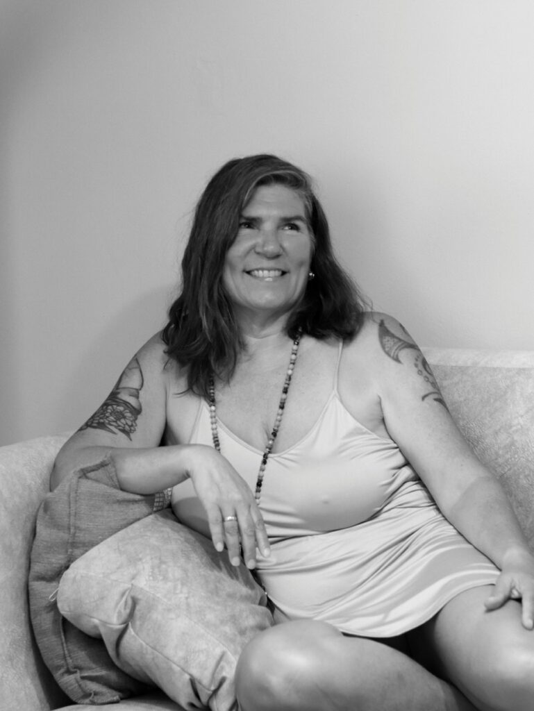 A black and white image of Justine