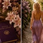 Maggie walking down the path surrounded by flowers