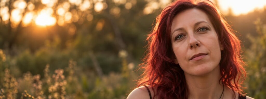 Close-up of red-haired Kailani with the sunset in the back.