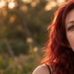 Close-up of red-haired Kailani with the sunset in the back.