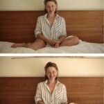 1 photos of jaqueline sitting on bed in white blouse. One is more serious the other more happy expression.