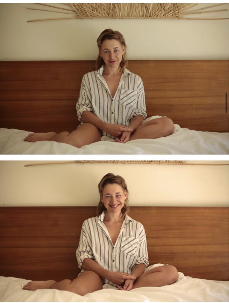 1 photos of jaqueline sitting on bed in white blouse. One is more serious the other more happy expression.