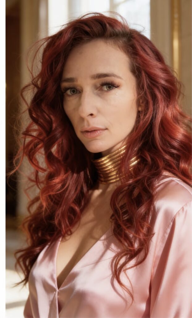 Close-up of Brittnee wearing a silky dress and golden neck rings.