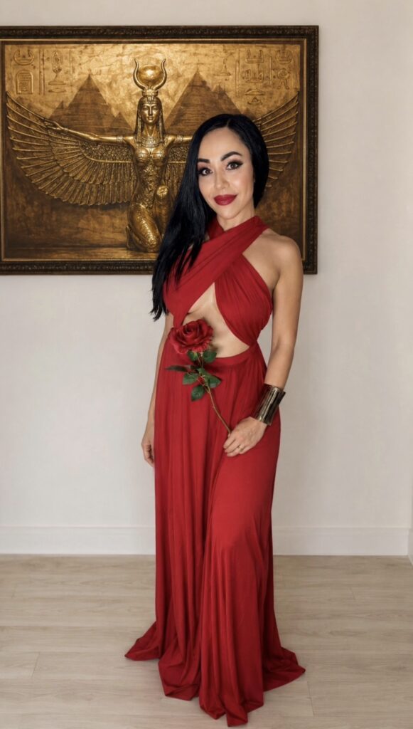 Inanna Magdalena in front of an artpiece in red dress.