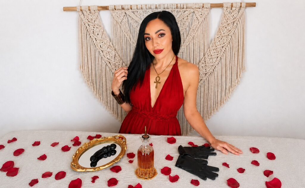 Inanna behind a table with a sext toy and a bottle of oil.