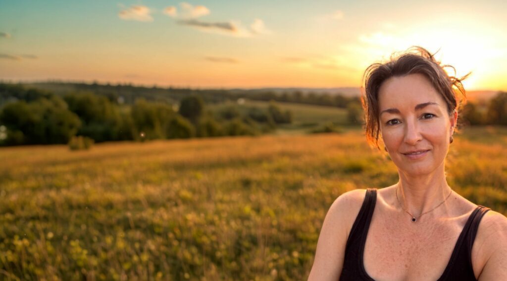 Picturesque countryside sunset in the background. Robyn in the front in black top.