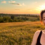 Picturesque countryside sunset in the background. Robyn in the front in black top.